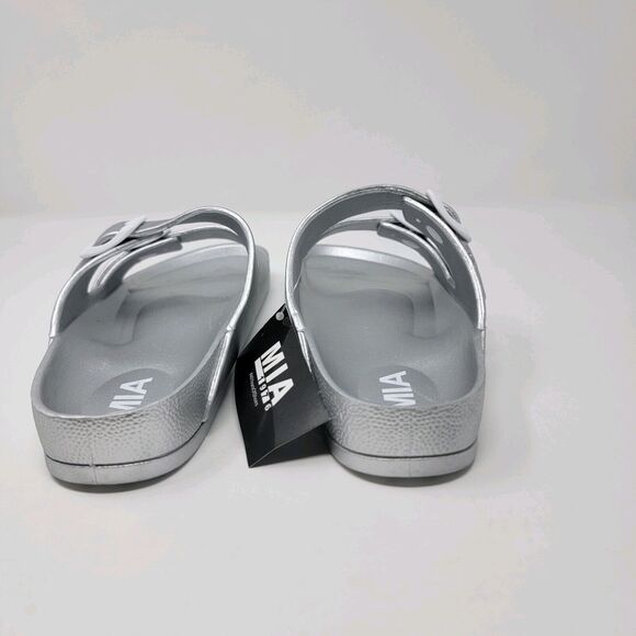 MIA Toulon Sandals Women’s 7 Slip On Two Buckle Comfort Shoe Silver - Picture 4 of 12